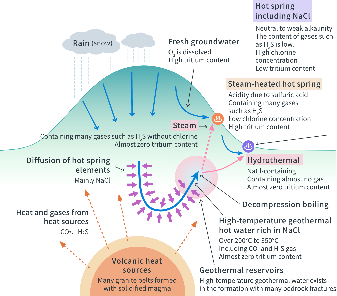 Schematic diagram of a common volcanic high-temperature geothermal area